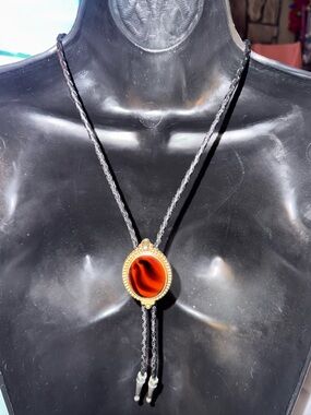 Silver Lace Base Red Jasper Stone Bolo Tie